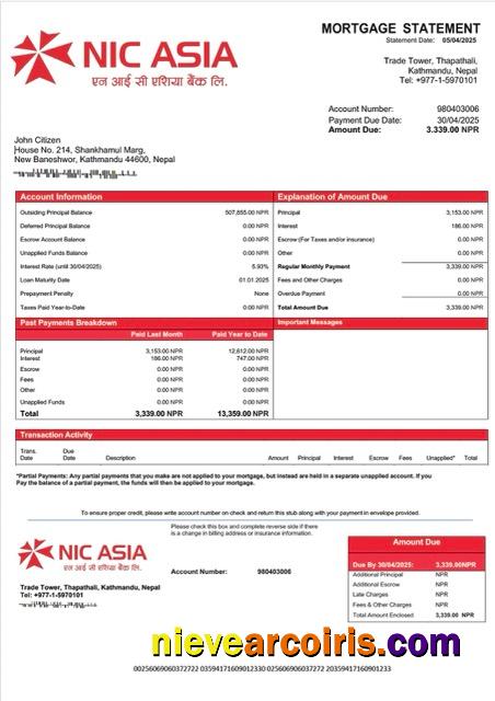 Nepal NIC Asia Bank mortgage statement Word and PDF template